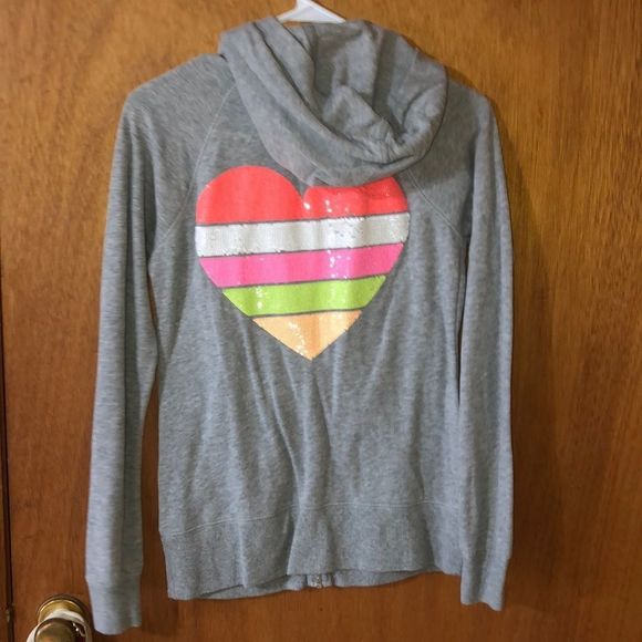•VICTORIA’S SECRET•GRAY SUPER MODEL ESSENTIAL SEQUIN HEART Y2K HOODIE JACKET XS - Picture 3 of 6